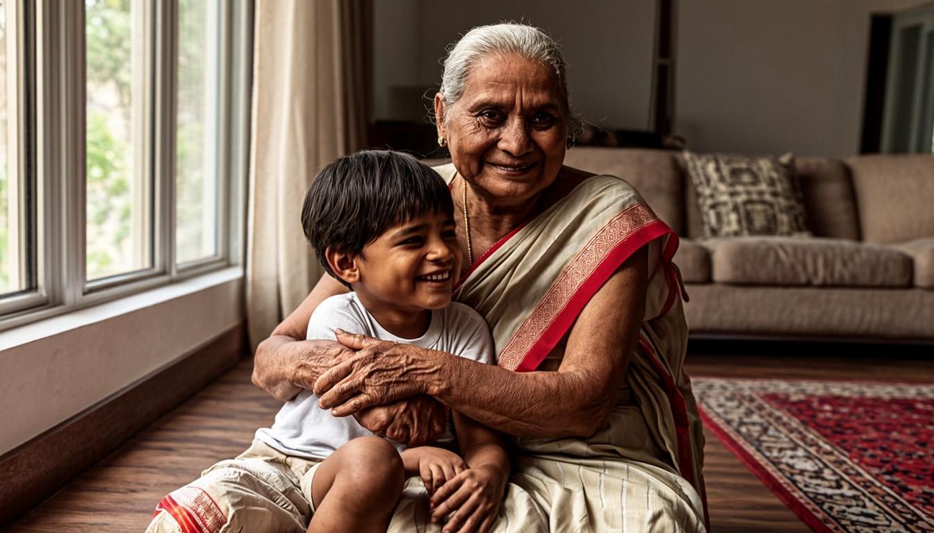 A grandmother holding her grandchild, both smiling