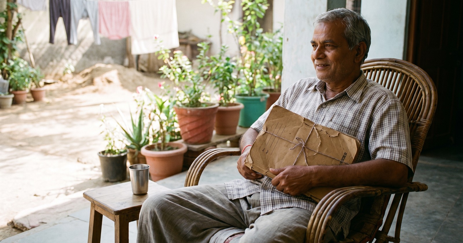 An elderly man at home, holding a package